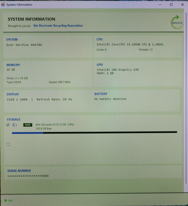 Acer Veriton X4670G | i5-10500 @ 3.10GHz 16GB DDR4 256GB NVMe