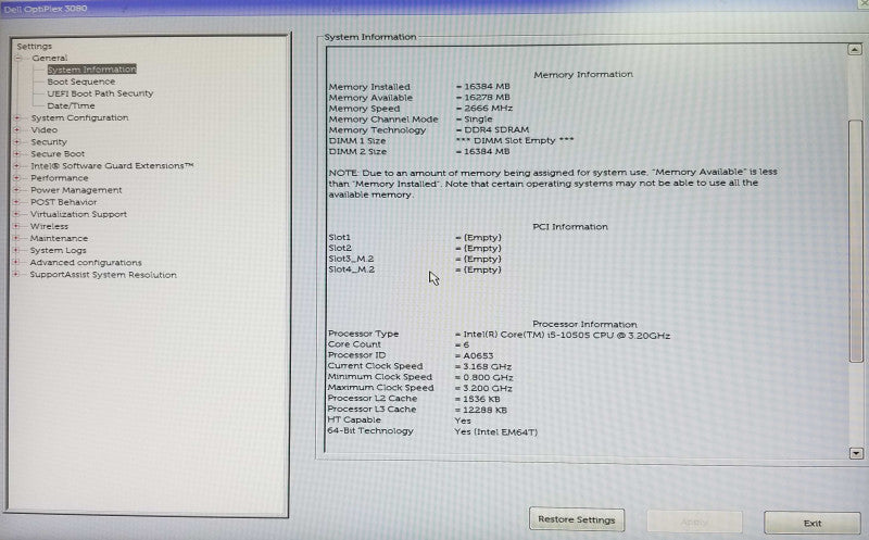 Dell OptiPlex 3080 SFF, Intel i5-10505 CPU 3.20GHz, 16GB RAM - NO HDD