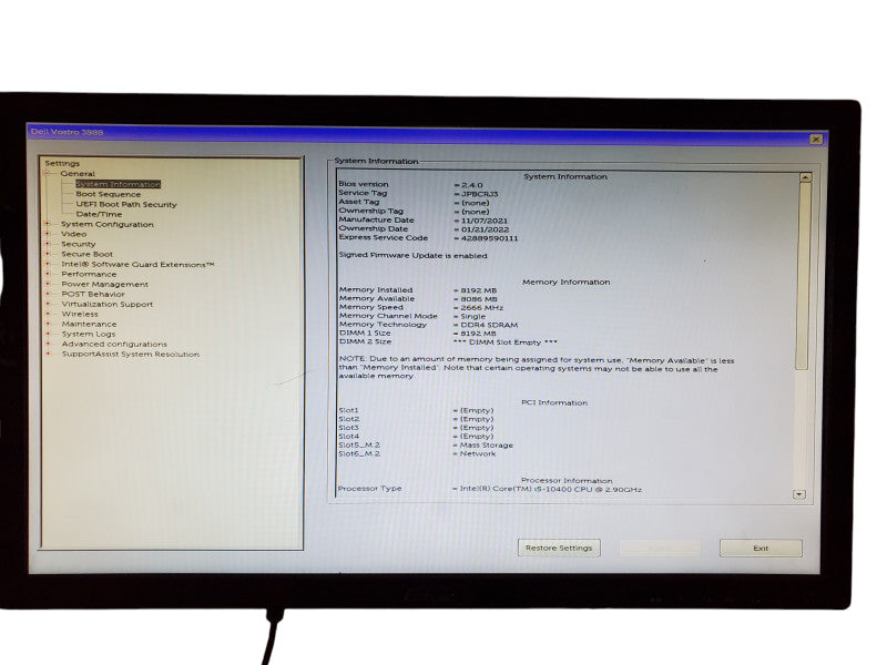 Dell Vostro 3888 Intel Core i5-10400 8GB DDR4 256GB NVMe - No OS