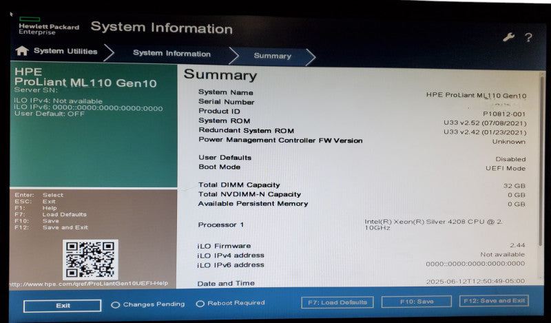 HP ProLiant ML110 Gen10 Xeon Silver 4208 32GB DDR4 S100i SR Gen10 - No HDD