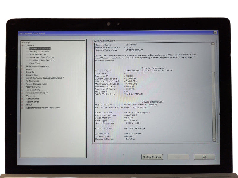 Dell Latitude 7210 2-in-1, i5-10310U 1.70GHz, 16GB DDR3, 256GB NVMe, No PWR  Lap200
