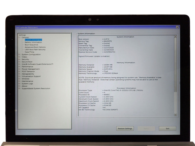 Dell Latitude 7210 2-in-1, i5-10310U 1.70GHz, 16GB DDR3, 256GB NVMe, No PWR  Lap200