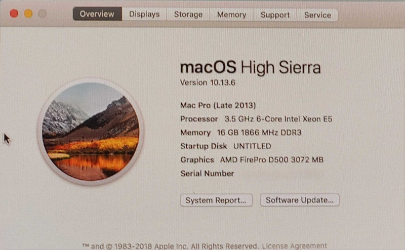 Apple Mac Pro 2013 - Xeon E5-1650 v2 @ 3.5GHz, 16GB RAM, 256GB SSD, 2xD500