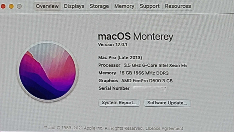 Apple Mac Pro 2013 - Xeon E5-1650 v2 @ 3.5GHz, 16GB RAM, 256GB SSD, 2xD500