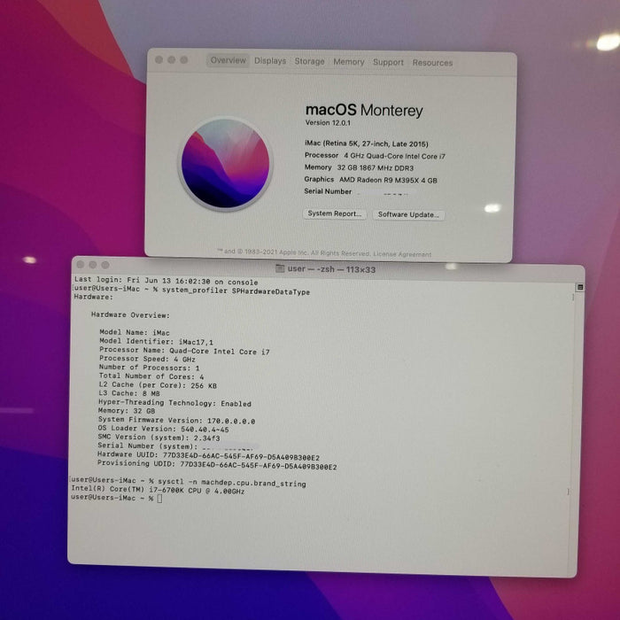 Apple iMac 27" Retina 5K Late2015, i7-7600K CPU 4.0GHz 32GB Ram - 256GB HDD