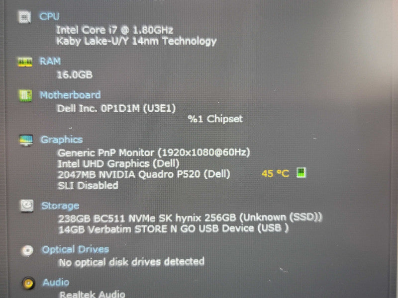 Dell Precision 3550 i7-10610U 16GB DDR4 Quadro P520 256GB SSD READ β Lap200