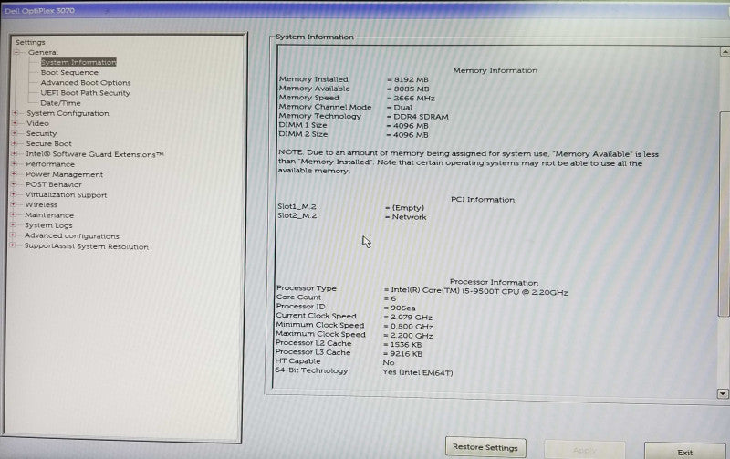 Dell OptiPlex 3070 USFF, Intel i5-9500T CPU 2.20GHz, 2x 4GB RAM - NO HDD