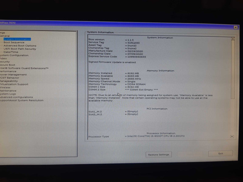 Dell OptiPlex 7070 Micro i5 - 9500T @ 2.20GHz 8GB DDR4 Ram, No HDD Q