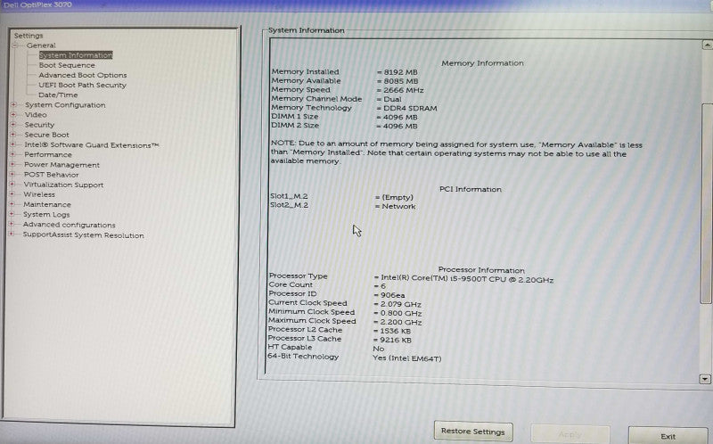 Dell OptiPlex 3070 USFF, Intel i5-9500T CPU 2.20GHz, 2x 4GB RAM - NO HDD Q
