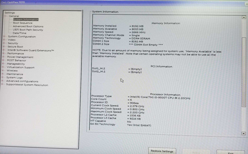 Dell OptiPlex 7070 USFF, Intel i5-9500T CPU 2.20GHz, 8GB RAM - NO HDD Q