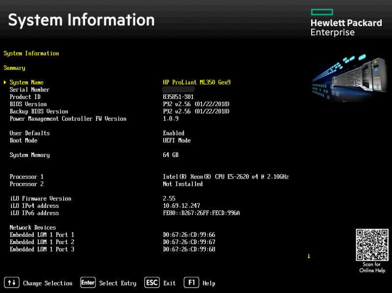 HPE ML350 Gen 9 4U 8x2.5", Xeon E5-2620 v4, 64GB DDR4, P440ar, 500W PSU