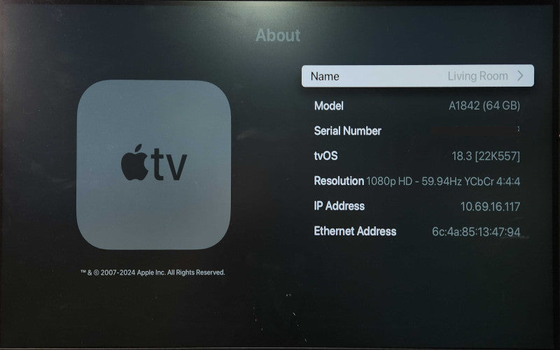Apple TV 4K (1st generation) 64GB A1842, No Remote
