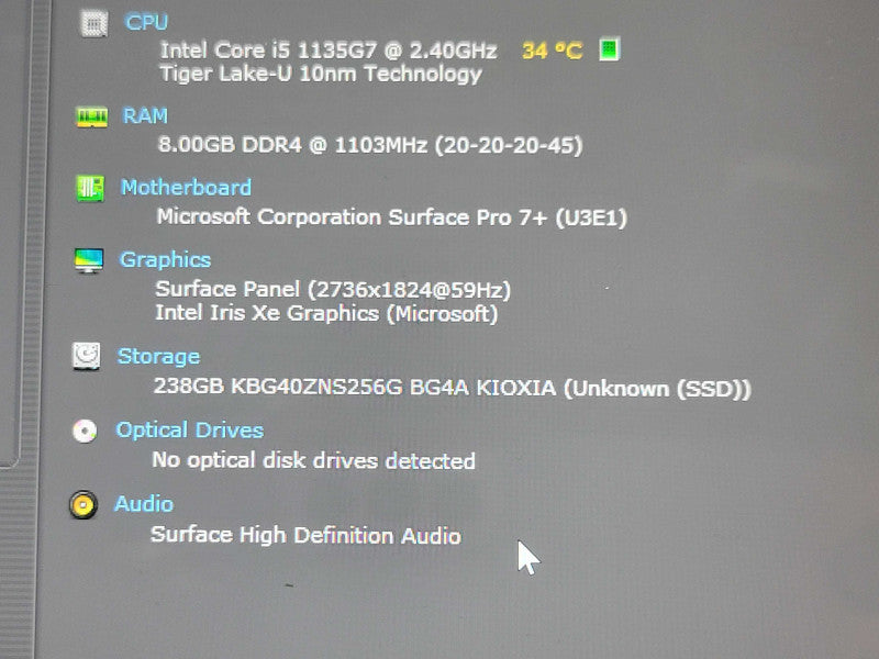 Microsoft Surface Pro 7+ 1960, i5-1135G7 2.40GHz, 8GB DDR4, 256GB NVMe, PWR _ Lap200