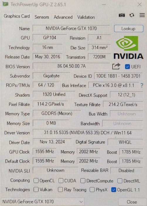Gigabyte GTX 1070 GV-N1070G1 GAMING-8GD 8GB GDDR5 Graphics card _