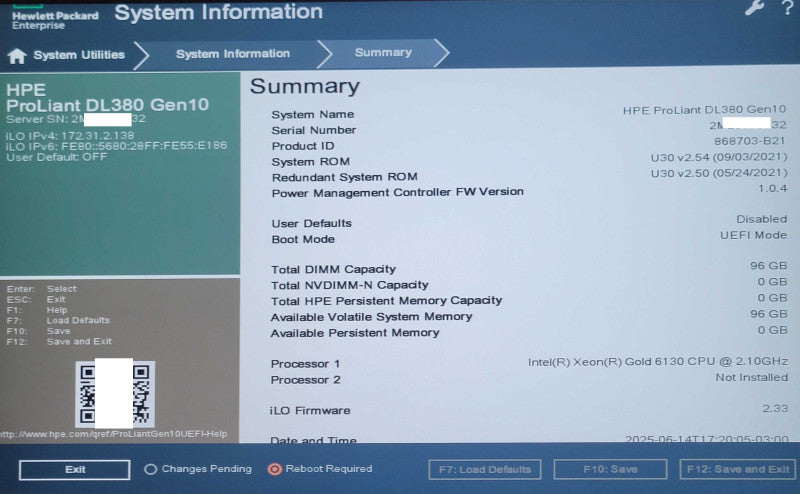 HP ProLiant DL380 G10 2U, 1x Xeon Gold 6130 96GB DDR4 P408i-a SR Gen10 SEE _