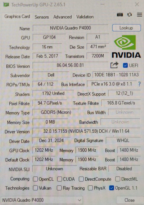 Dell/NVIDIA Quadro P4000 8GB GDDR5 4x Display Ports Graphics Card _