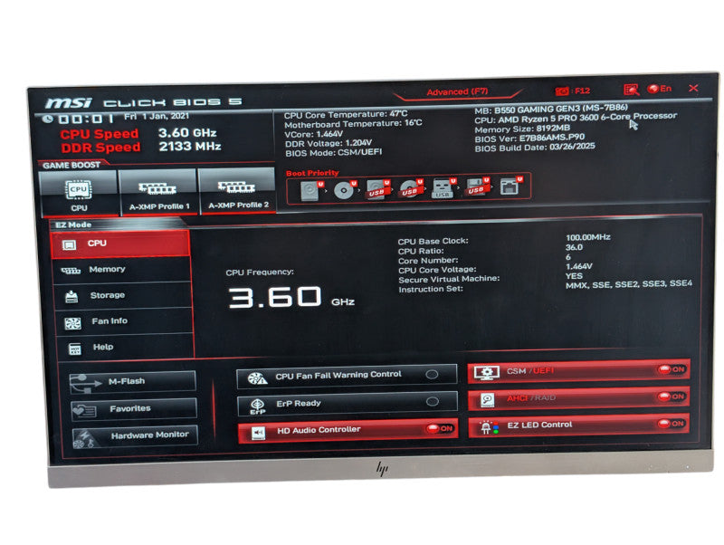 MSI B550 Gaming Gen3 AMD Ryzen 5 3600 16GB RAM & 256GB NVMe Combo  -