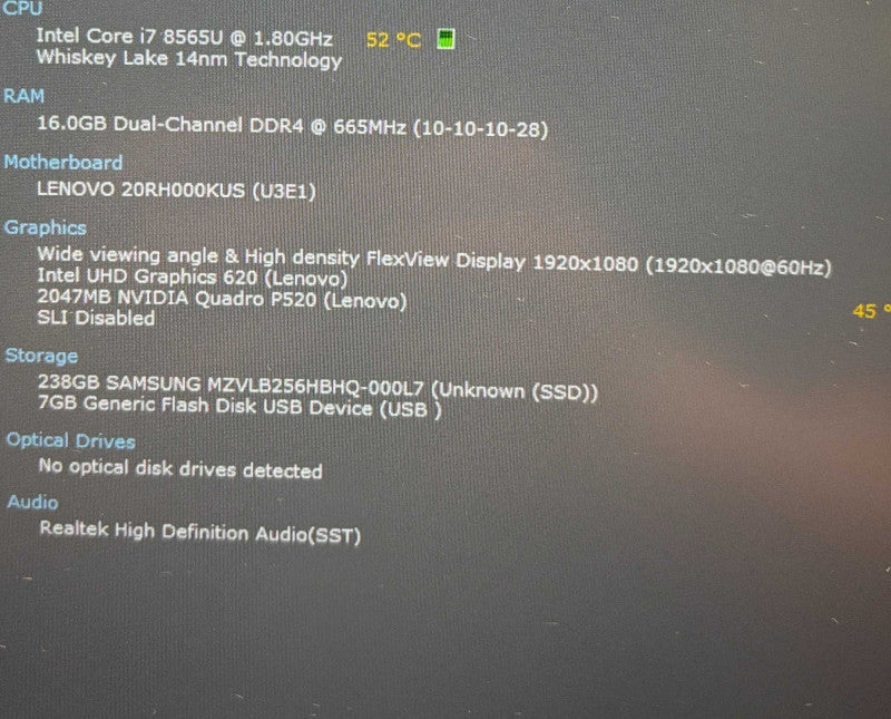 Lenovo ThinkPad P43s i7-8565U@1.8GHz QUADRO P520 2GB GPU 16GB RAM 256GB SSD  Lap200