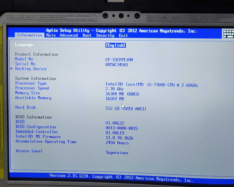 Panasonic Toughbook CF-33 Touch i5-7300U, 16GB RAM 512GB SSD 2450 Hours _ Lap200