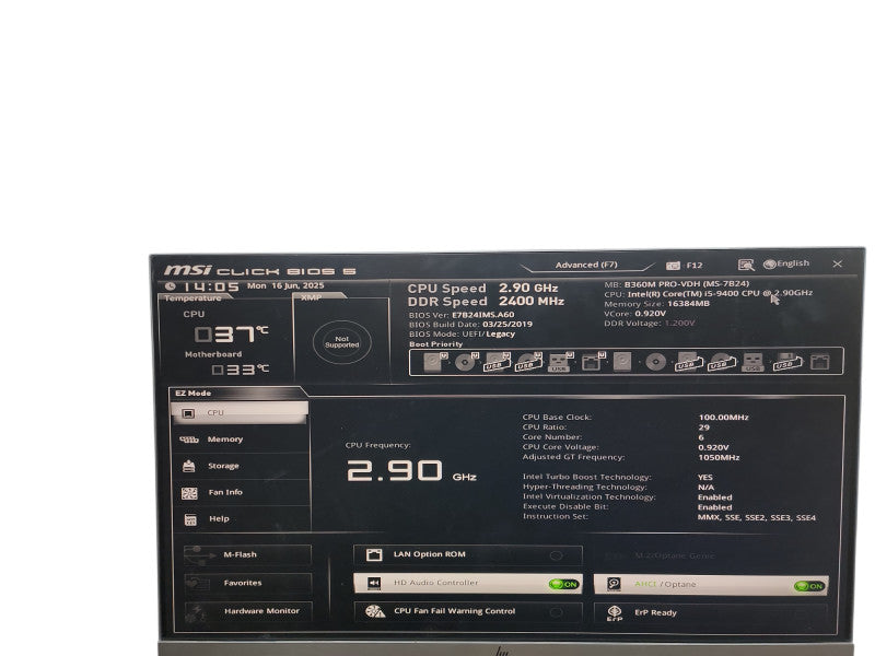 Custom PC B360M  PRO-VDH (MS-7B24) i5 - 9400 @ 2.90GHz 16GB DDR4 Ra DDR4  θ