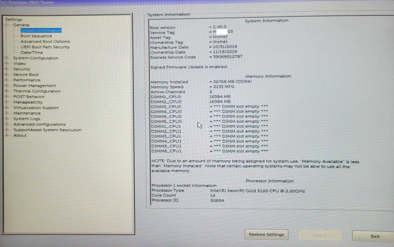 Dell 7820 Xeon Gold 5120 2.20GHz 32GB 480GB SSD + 3TB HDD, 950W, K2200 GPU _