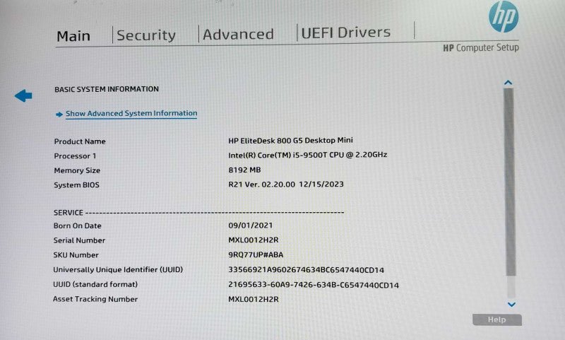 HP EliteDesk 800 G5 USFF Intel i5-9500T CPU 2.20GHz 8GB RAM - NO HDD