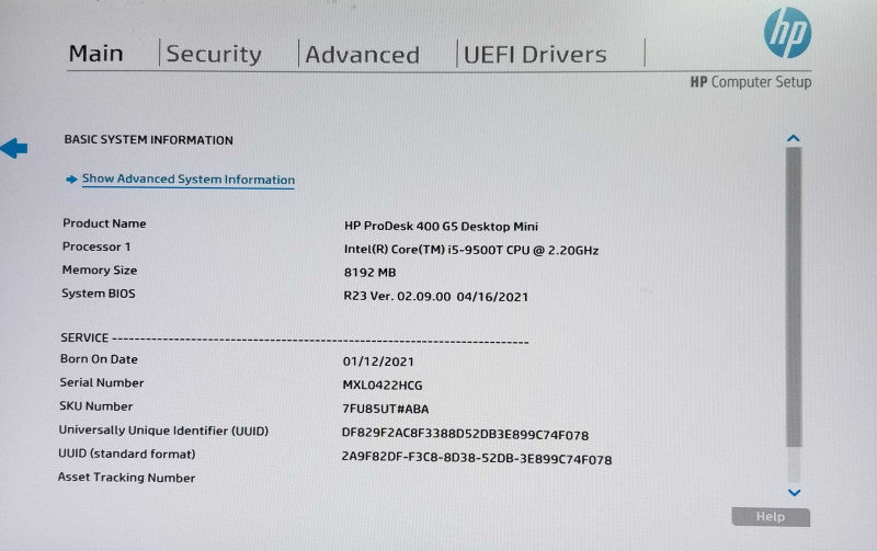 HP ProDesk 400 G5 USFF Intel i5-9500T CPU 2.20GHz 8GB RAM - NO HDD