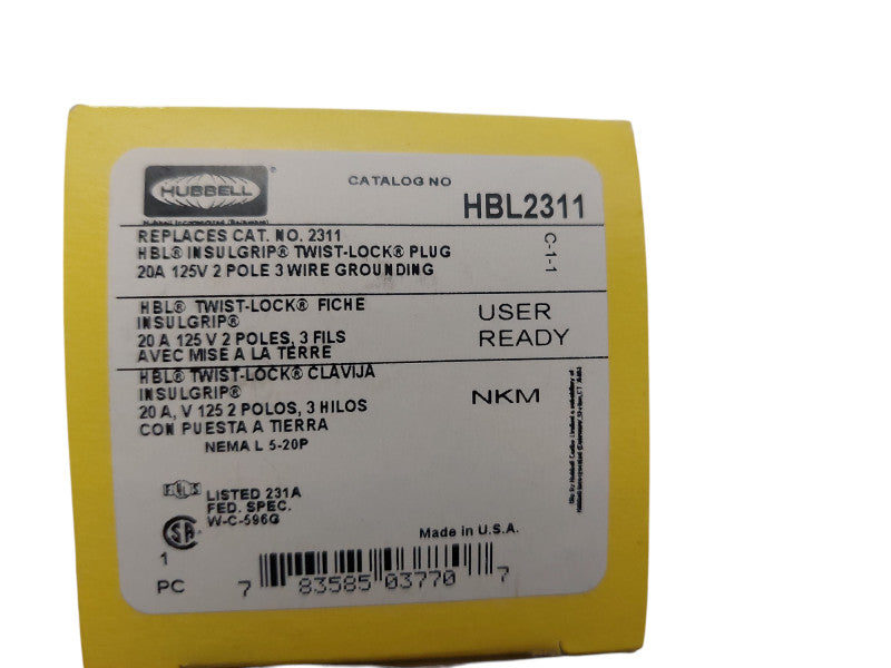 Hubbell HBL2311 Insulgrip Twist Lock Plug 30A 125V 2 Pole 3 Wire Grounding  Q=