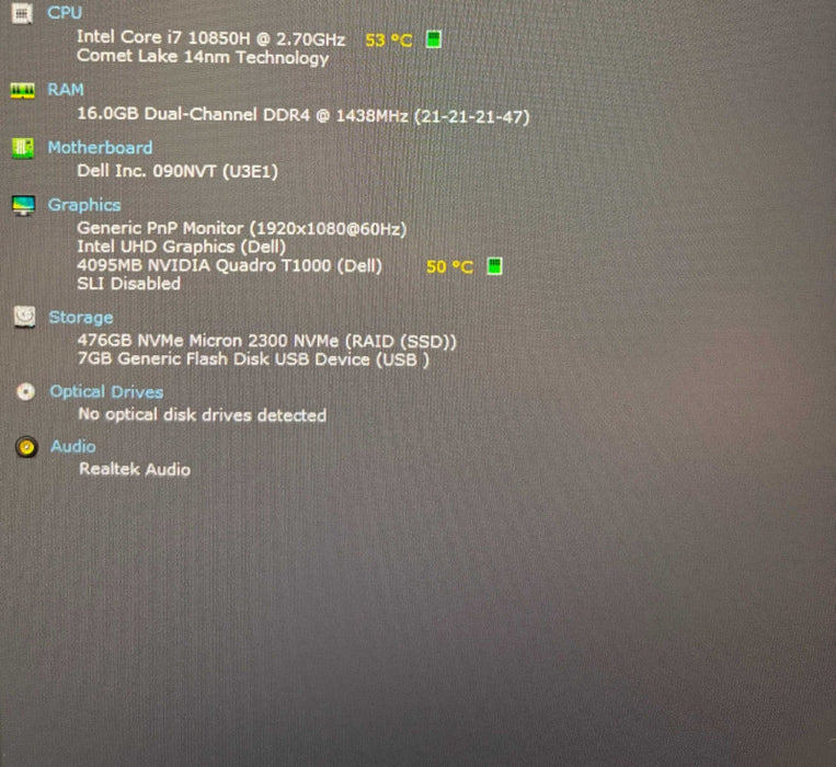 Dell Precision 7550 i7-10850H@2.7GHz QUADRO T1000 4GB GPU 16GB RAM 512SSD  Lap200