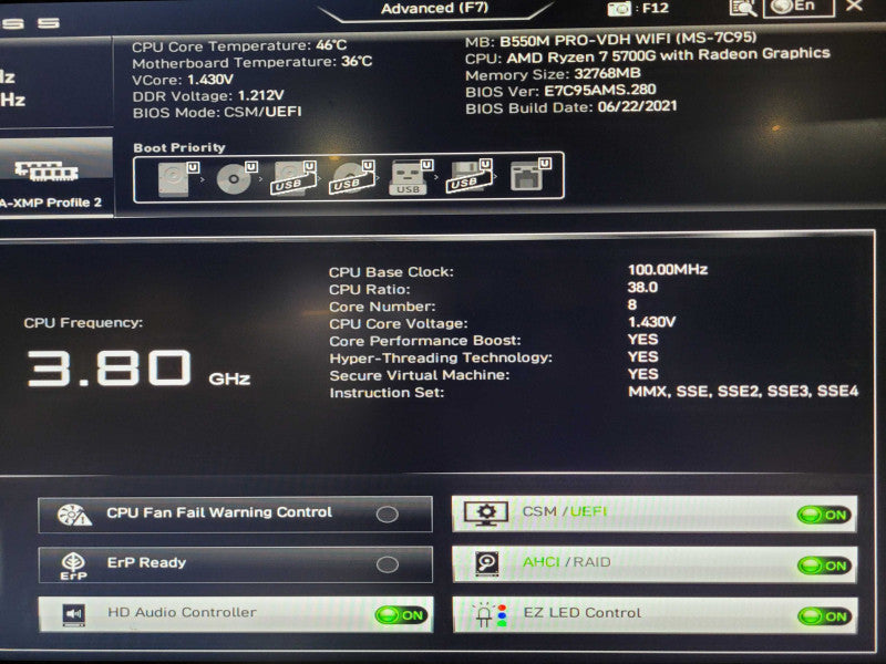 Custom PC B550M PRO-VDH WIFI Quadro P600 Ryzen 7 5700G 32GB RAM - No HDD
