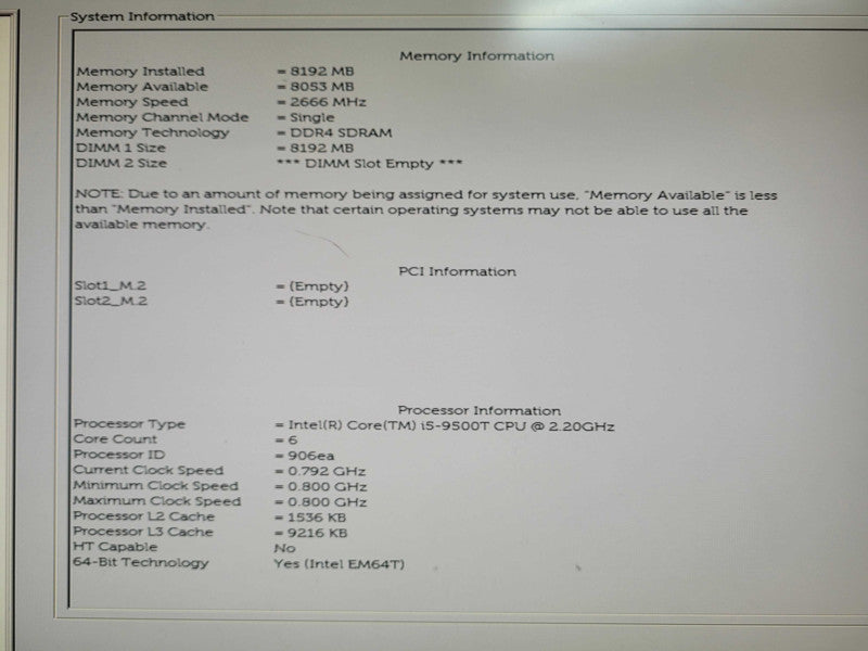 Dell OptiPlex 7070 Micro i5-9500T 2.20GHz 8GB RAM - No HDD Q