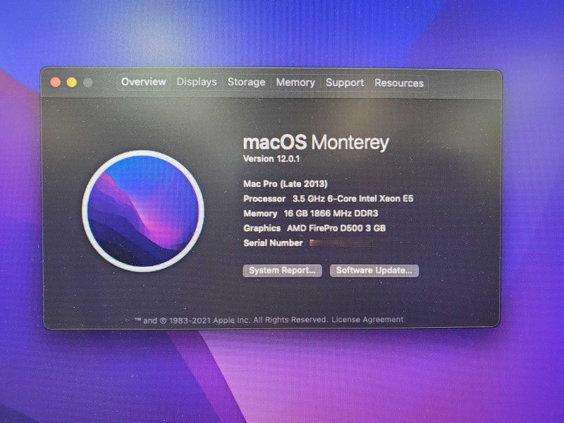 Apple Mac Pro 2013 A1481- Xeon E5-1650 v2 16GB RAM 256GB SSD 2xD500