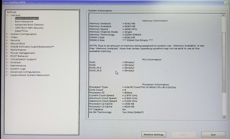 Dell OptiPlex 3070 SFF, Intel i5-9500 CPU 3.00GHz,  8GB RAM - NO HDD