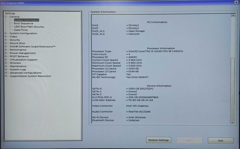 DELL Inspiron 3880 Desktop, i3-10100 3.60GHz, 16GB DDR4, 256GB NVMe+1TB HDD