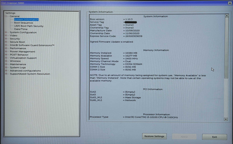 DELL Inspiron 3880 Desktop, i3-10100 3.60GHz, 16GB DDR4, 256GB NVMe+1TB HDD