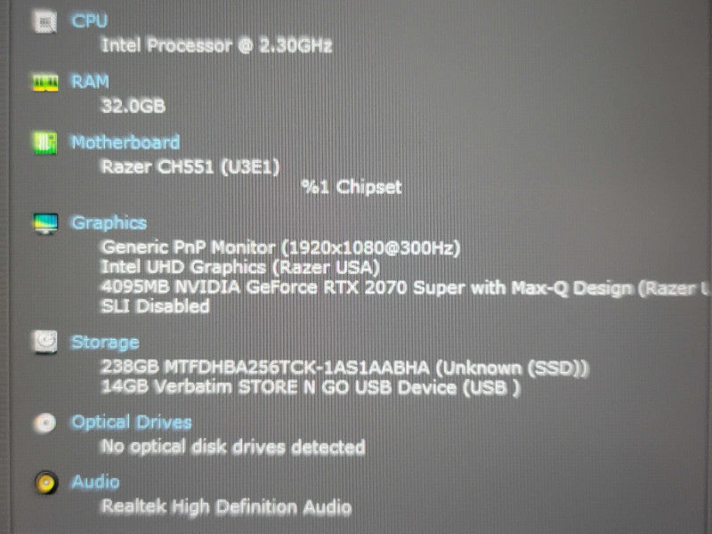 Razer Blade Advanced 2020 i7-10875H 32GB DDR4 GTX 2070 SUPER 256GB SSD READ β Lap200