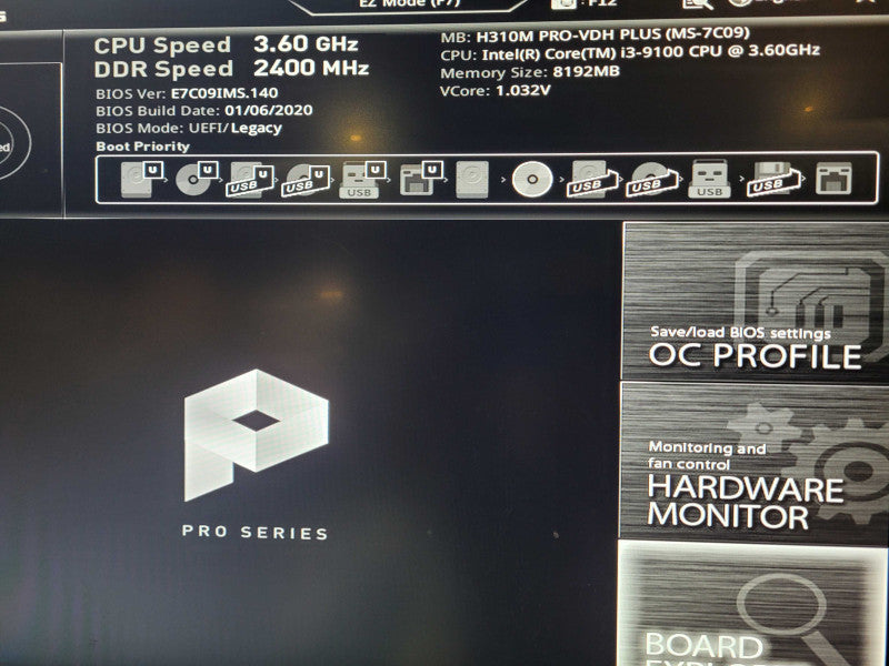 Custom PC H310M PRO-VDH PLUS i3-9100 3.6GHz 8GB RAM - No HDD Q