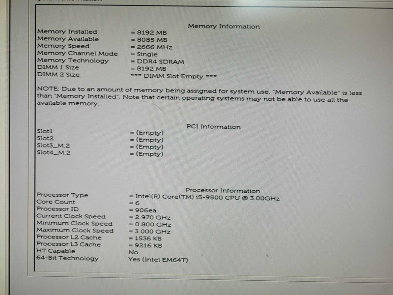 Dell OptiPlex 3070 SFF, Intel i5-9500 CPU 3.00GHz, 8GB RAM - NO HDD Q