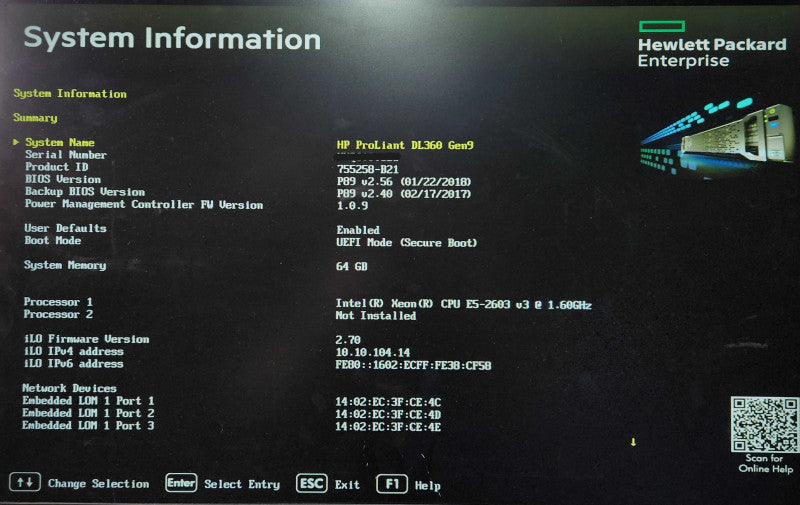 HP DL360 Gen9 1U 8x2.5", Xeon E5-2603 1.60GHz, 64GB DDR4, P440ar, 2x 500W