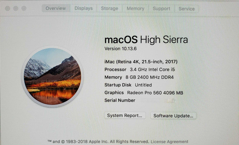 Apple iMac 21.5” (2017) A1418 Core i5-7500 3.40GHz 8GB RAM 1TB HDD