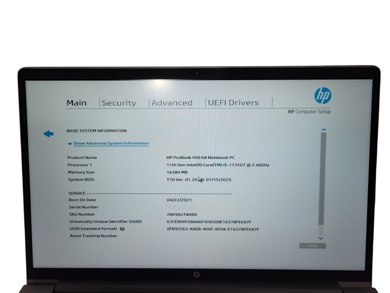 HP ProBook 450 G8, i5-1135G7 2.4GHz, 16GB DDR4, 256GB NVM READ ! Lap200