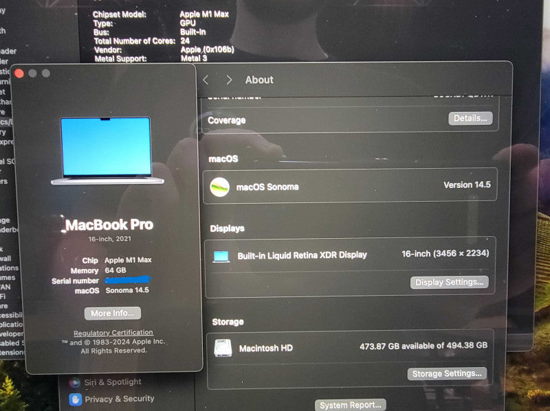 Apple MacBook Pro A2485 16" 2021 | Apple M1 Max | 64GB DDR5 | 512GB SSD