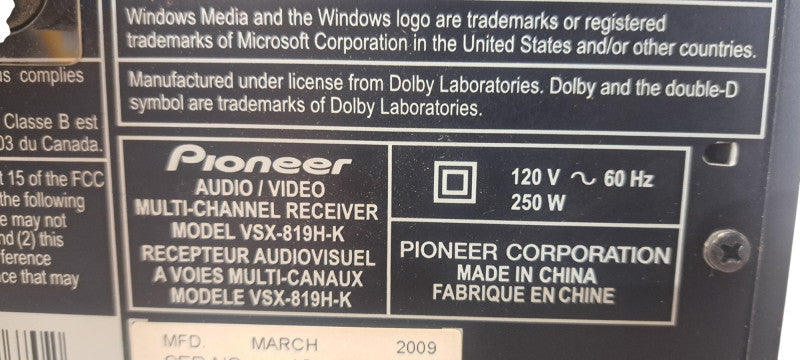 Pioneer VSX-819H-K Multi-Channel A/V Receiver