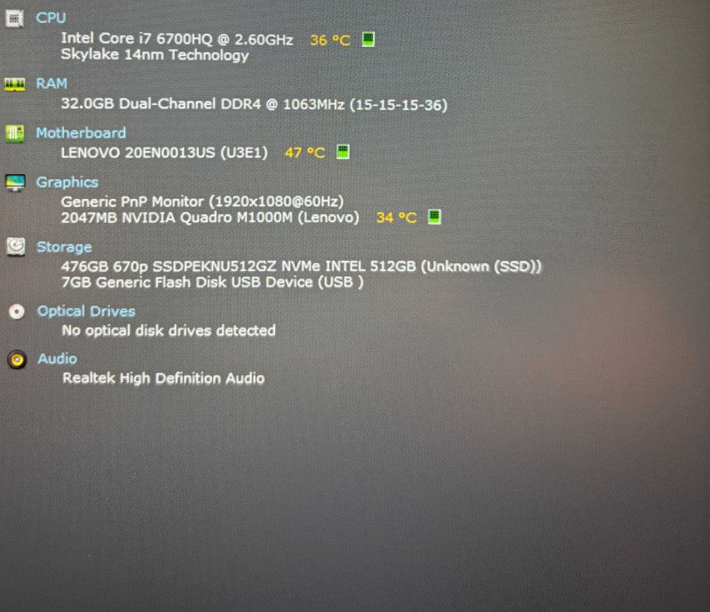 Lenovo ThinkPad P50 i7-6700HQ@2.6GHz QUADRO M1000M 2GB GPU 32GB RAM 512SSD  Lap200