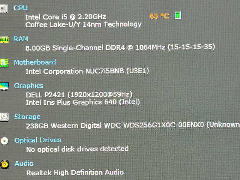 Intel NUC Mini PC (BOXNUC7i5BNK) Core i5-7260U 2.20GHz, 8GB RAM, 250GB SSD _