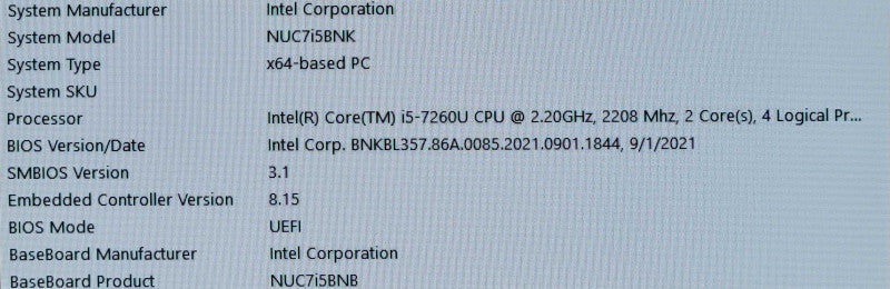 Intel NUC Mini PC (BOXNUC7i5BNK) Core i5-7260U 2.20GHz, 8GB RAM, 250GB SSD _