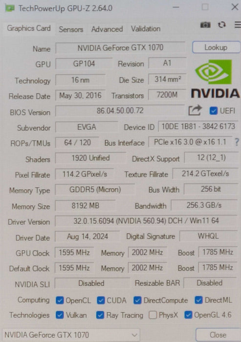 EVGA GeForce GTX 1070 SC 8GB GDDR5 GPU | 08G-P4-6173-KR