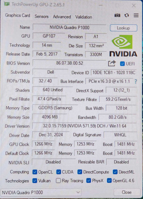 NVIDIA Quadro P1000 4GB GDDR5 Graphics Card Low Profile