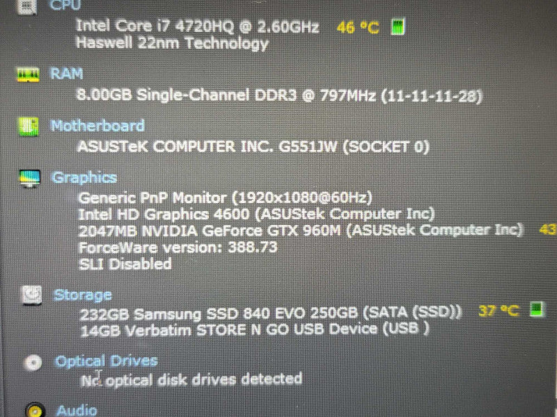 ASUS ROG G551J i7 4720HQ 8GB DDR3 GTX 960M 256GB SSD PARTS/REPAIR  β BudLap