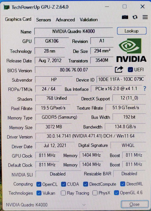 Nvidia Quadro K4000 3GB GDDR5 Graphics Card - 2xDP 1xDVI Q